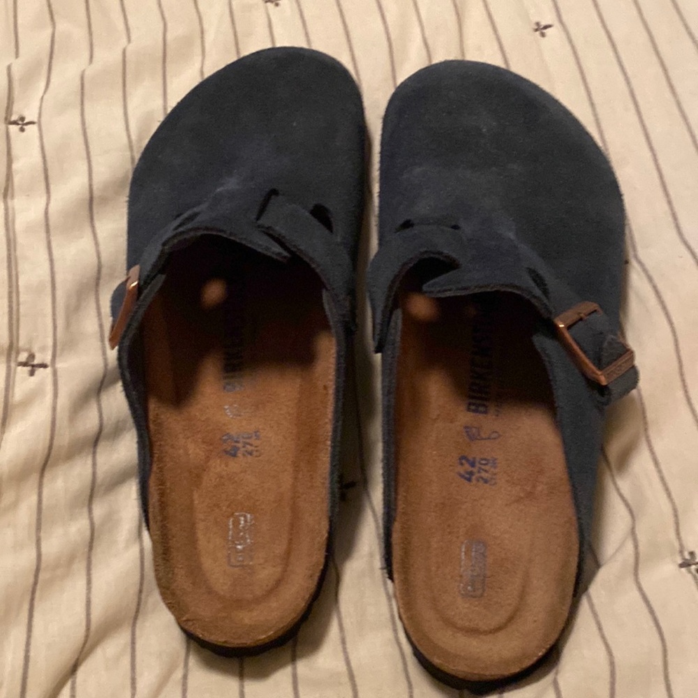 Navy Blue soft bed Birkenstock clogs size 42.  Worn twice excellent condition.